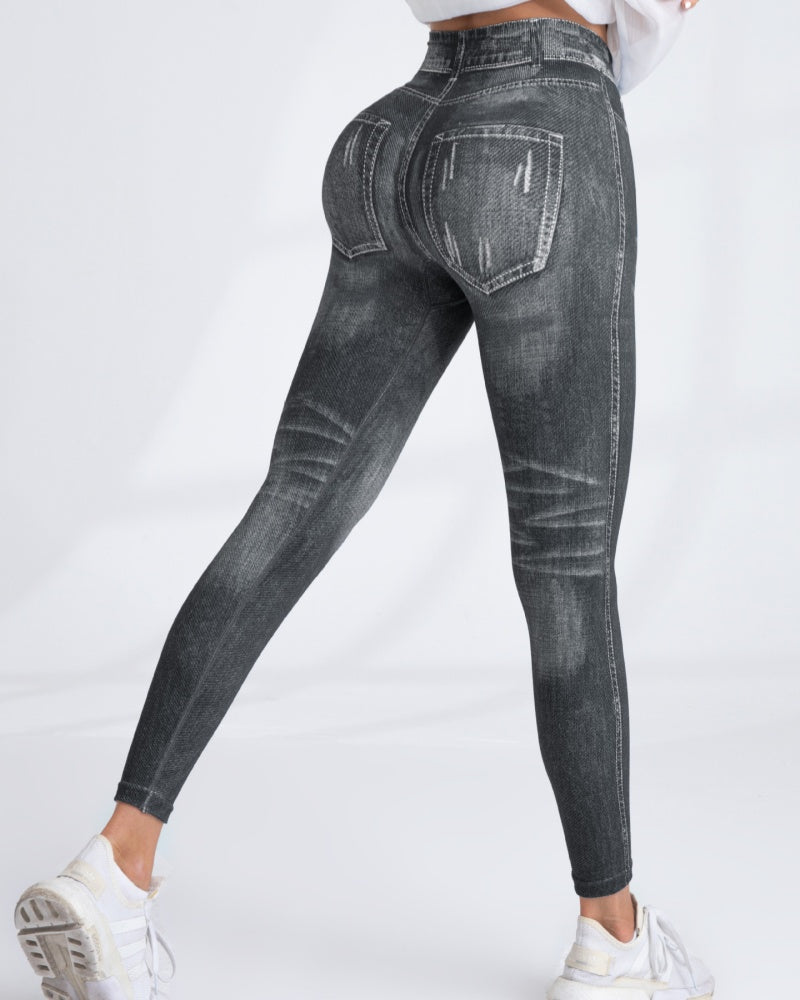 Women's High Elastic Quick-Dry Seamless Printed Yoga Pants - Imitation Denim Style