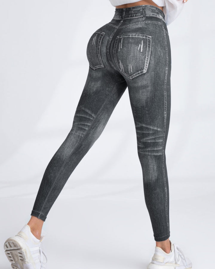 Women's High Elastic Quick-Dry Seamless Printed Yoga Pants - Imitation Denim Style