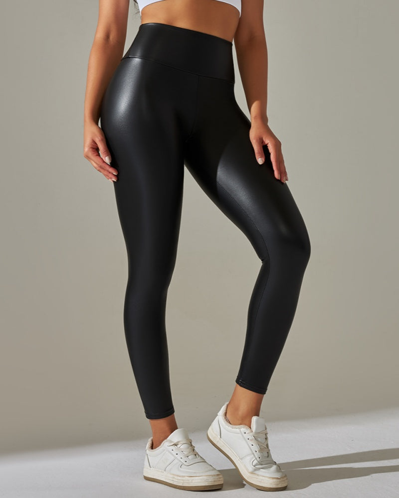 Colorful High-Waisted PU Leather Yoga Pants for Women
