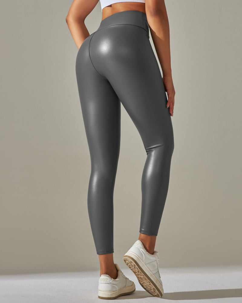 Colorful High-Waisted PU Leather Yoga Pants for Women
