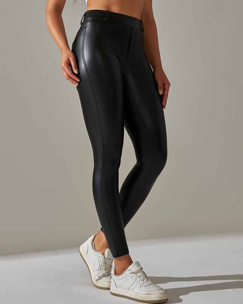 High-Waisted PU Leather Pants with Fleece Lining, Pocket, and Butt Lift