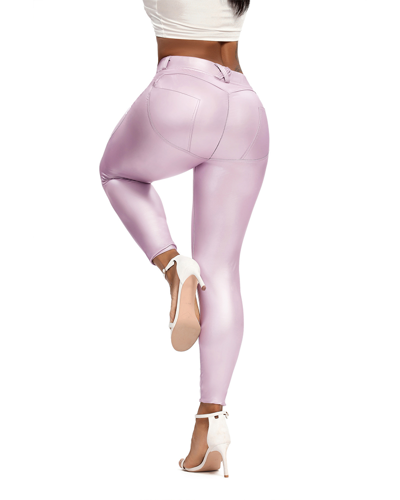 Peach High-Waisted PU Leather Leggings for Yoga and Fitness