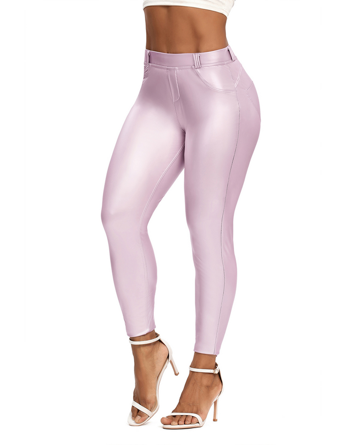 Peach High-Waisted PU Leather Leggings for Yoga and Fitness