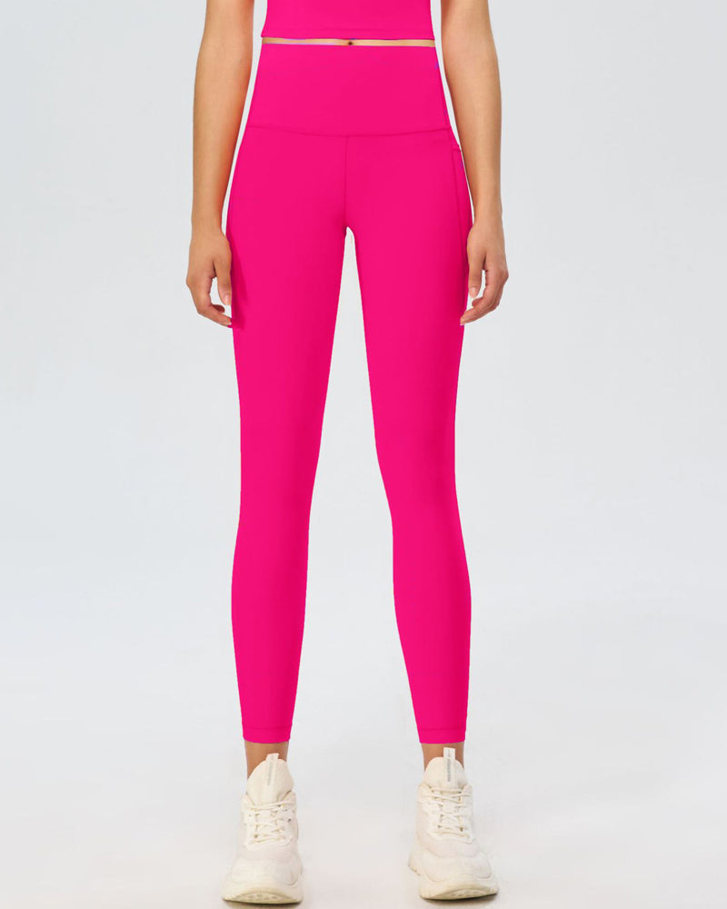 High-Waisted Tummy Control Yoga Leggings with Stretch and Side Pockets - Solid Color