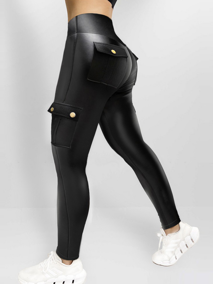 High-Waisted Women's Leather Cargo Leggings with Stretch
