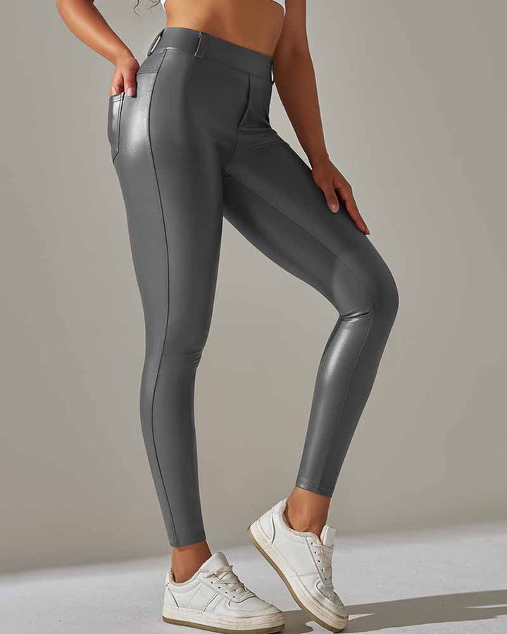 High-Waisted PU Leather Pants with Fleece Lining, Pocket, and Butt Lift