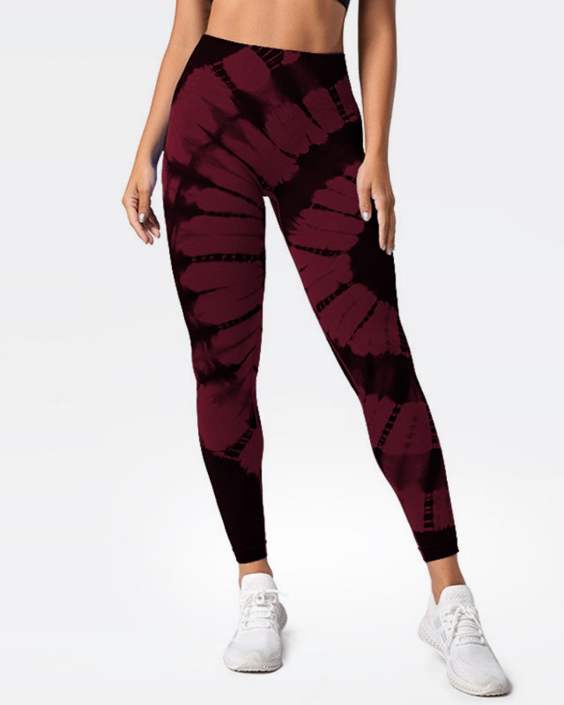 Peach High-Waist Seamless Yoga Pants with Tie-Dye Print and Hip-Lifting Design