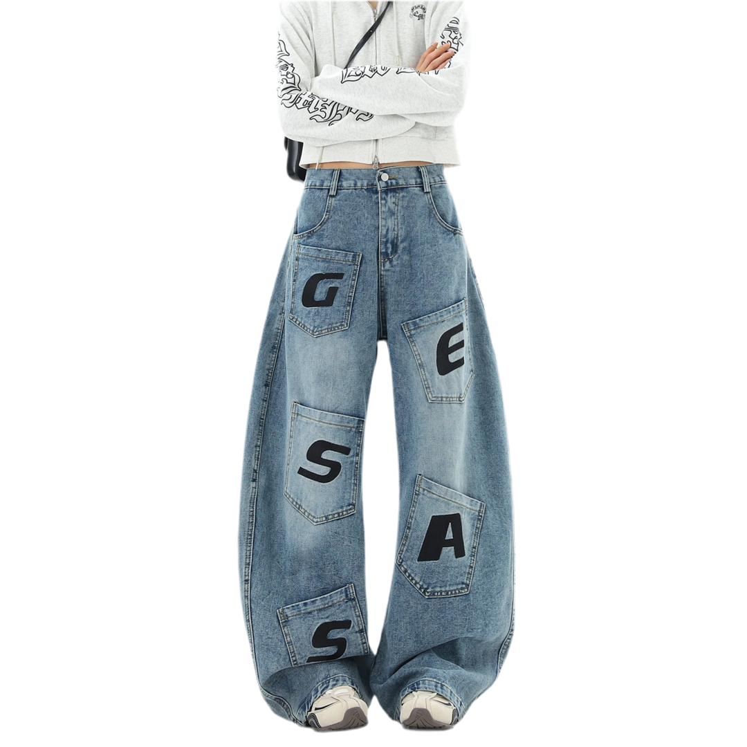 Loose Fit Baggy Jeans-Printed Letters and Multiple Pockets