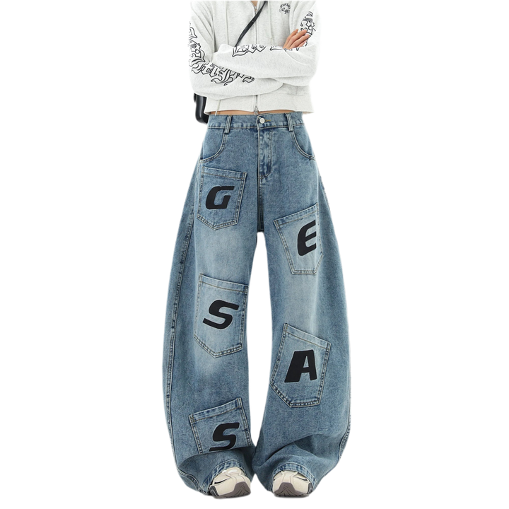 Loose Fit Baggy Jeans-Printed Letters and Multiple Pockets