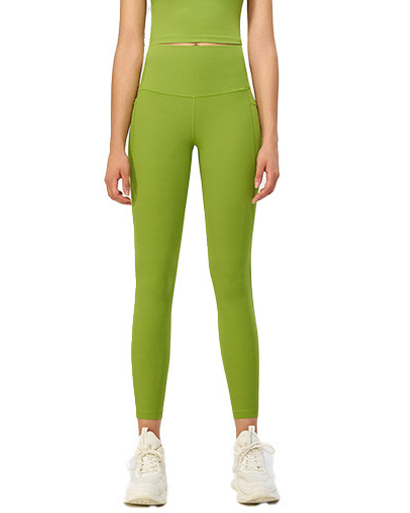High-Waisted Tummy Control Yoga Leggings with Stretch and Side Pockets - Solid Color