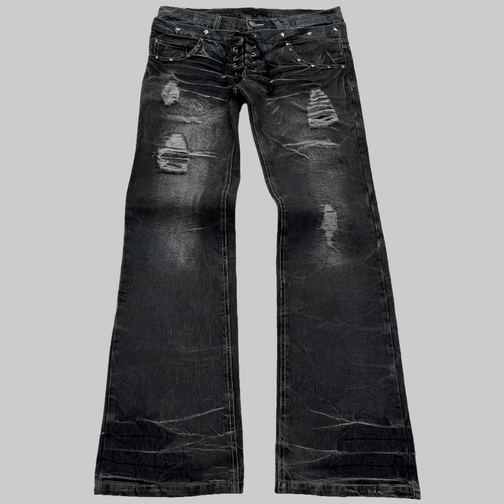 Washed Unisex Gothic Micro Flared Lace-Up Jeans