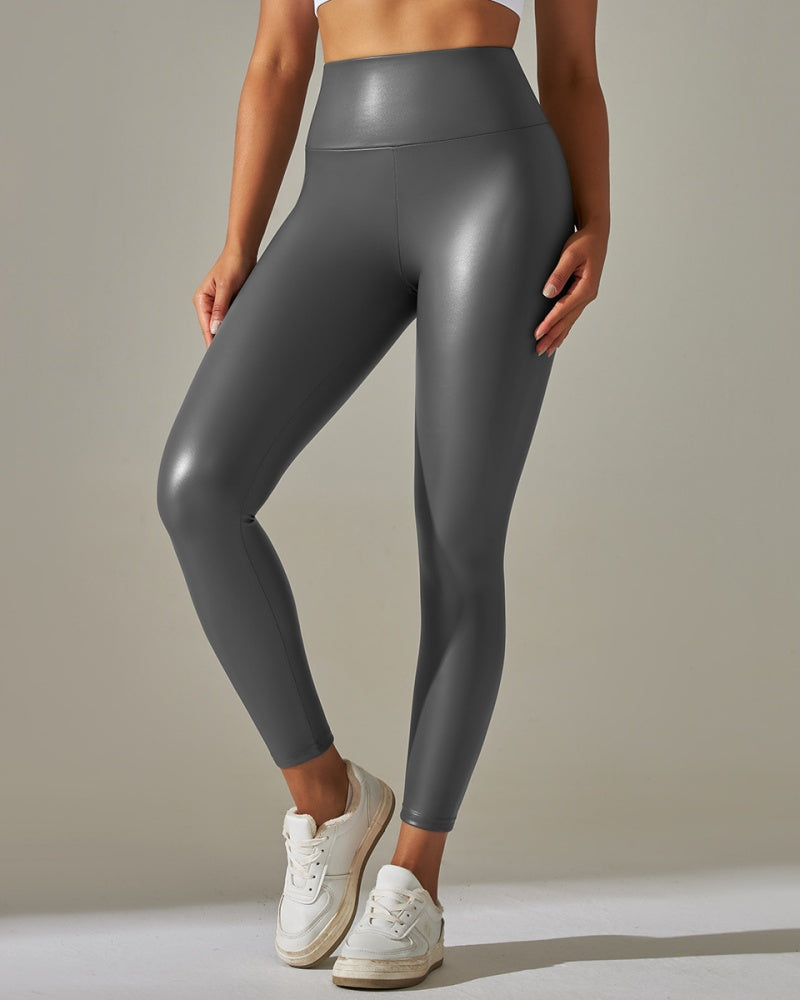 Colorful High-Waisted PU Leather Yoga Pants for Women