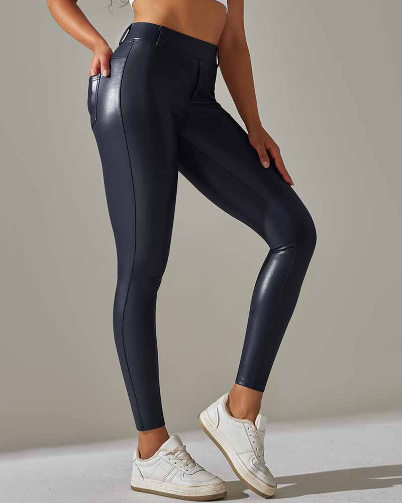 High-Waisted PU Leather Pants with Fleece Lining, Pocket, and Butt Lift