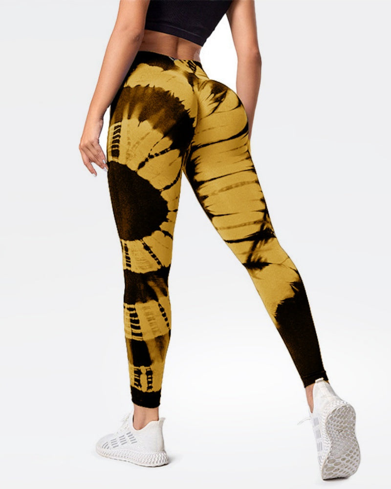 Peach High-Waist Seamless Yoga Pants with Tie-Dye Print and Hip-Lifting Design