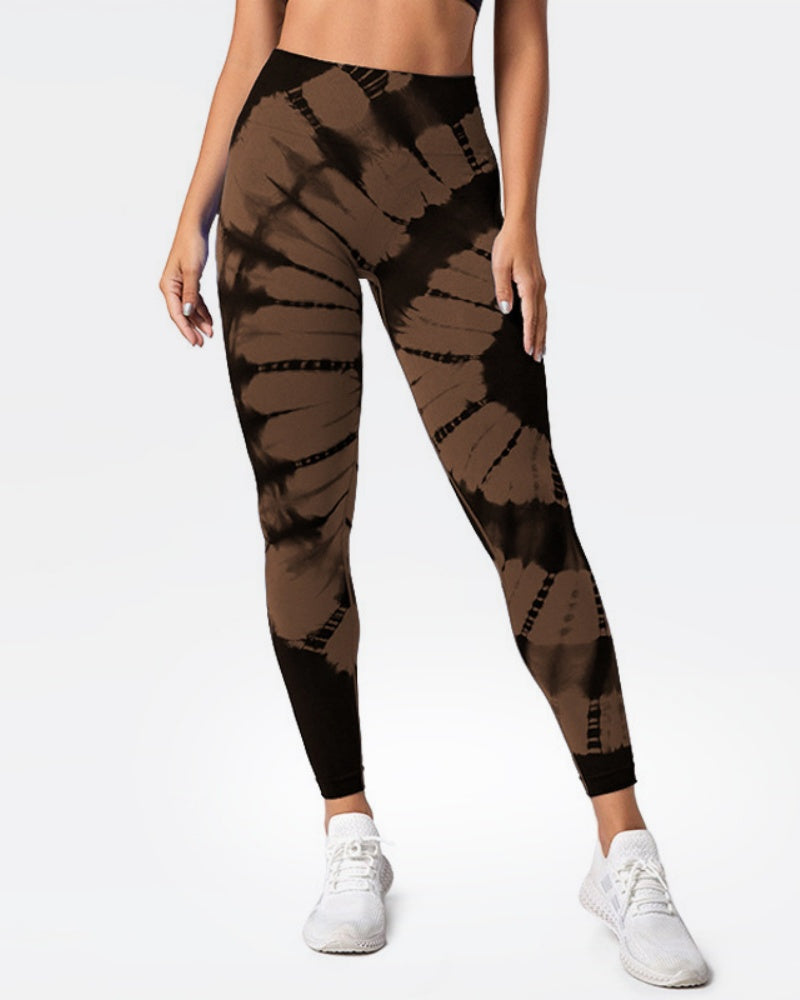 Peach High-Waist Seamless Yoga Pants with Tie-Dye Print and Hip-Lifting Design