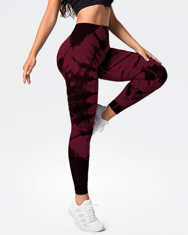 Peach High-Waist Seamless Yoga Pants with Tie-Dye Print and Hip-Lifting Design