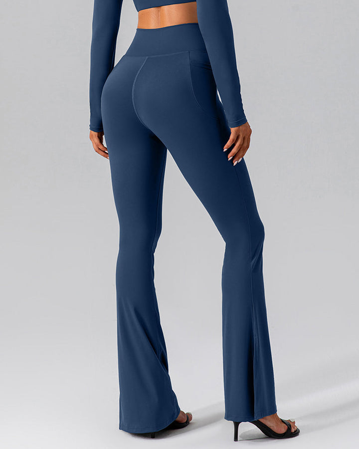 Flared Yoga Pants with High Waist and Side Pocket - Slit Cross Waist Leggings