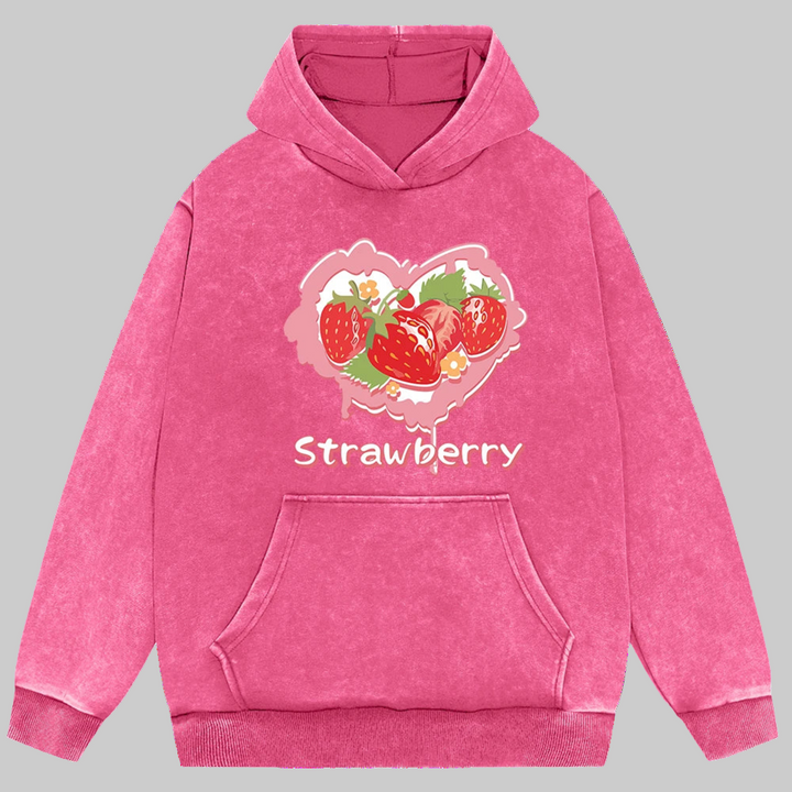 Y2K Heart Strawberry Print Washed Hoodie Streetwear
