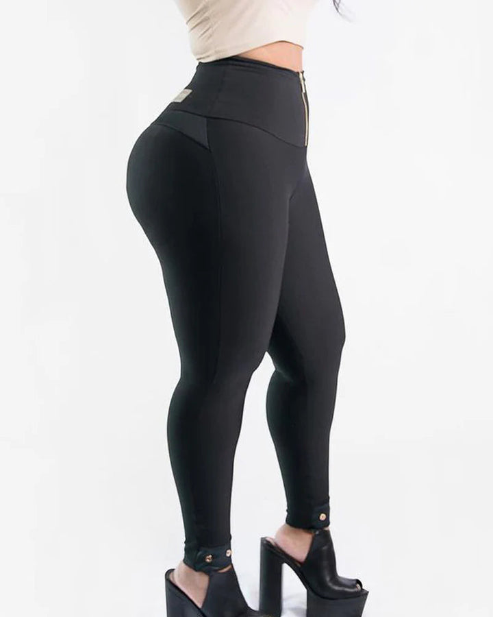 High-Waisted Tummy Control Leggings with Butt Lifting Design - Comfortable Stretch Slimming Skinny Pants with Zipper