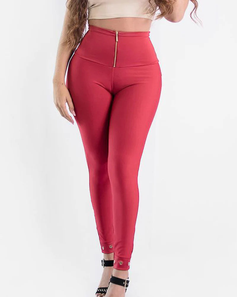 High-Waisted Tummy Control Leggings with Butt Lifting Design - Comfortable Stretch Slimming Skinny Pants with Zipper