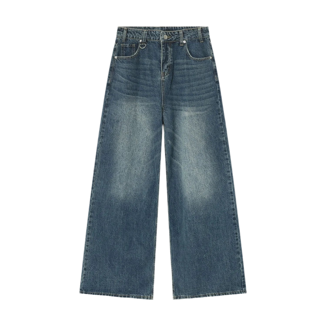 Gradient Washed Denim Pants with Metal Ring Design