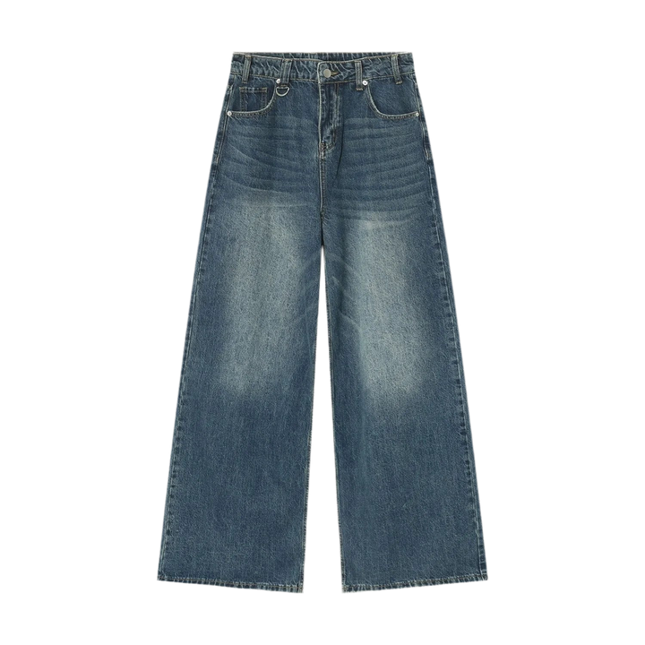 Gradient Washed Denim Pants with Metal Ring Design