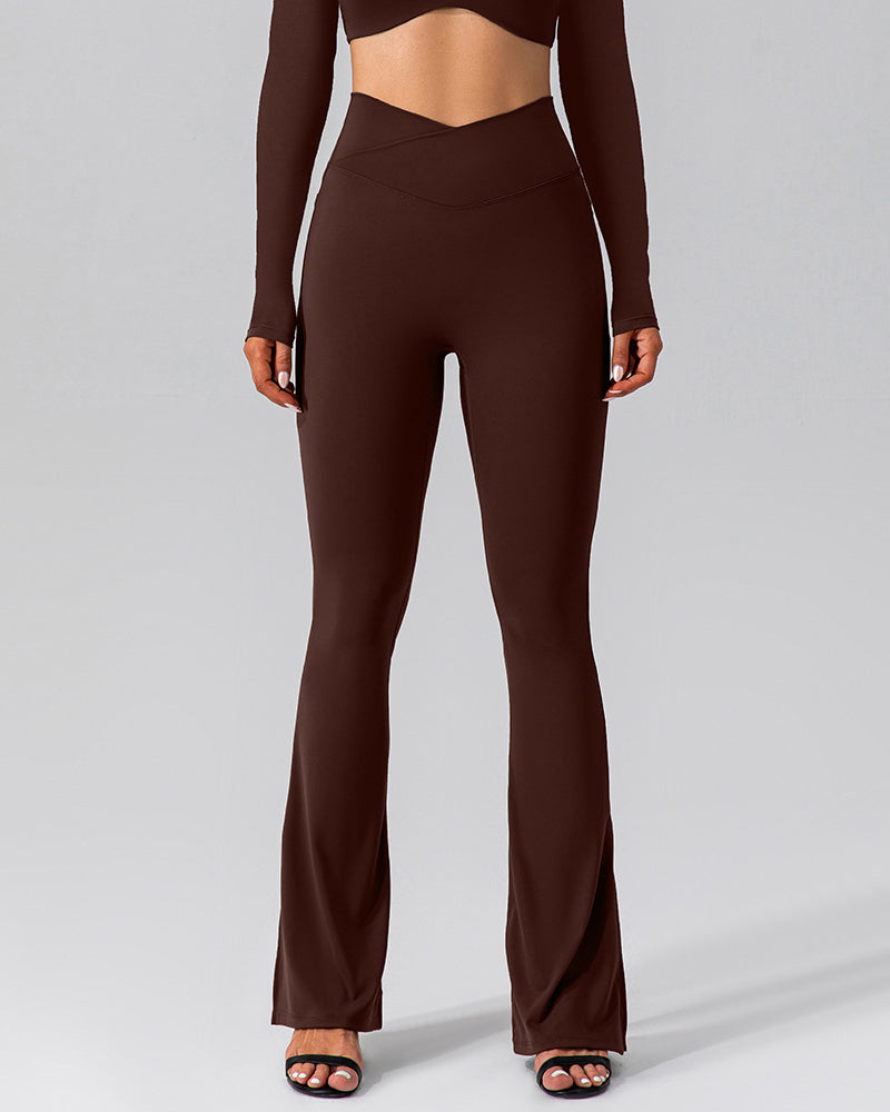 Flared Yoga Pants with High Waist and Side Pocket - Slit Cross Waist Leggings