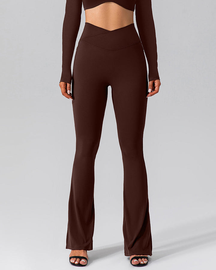 Flared Yoga Pants with High Waist and Side Pocket - Slit Cross Waist Leggings