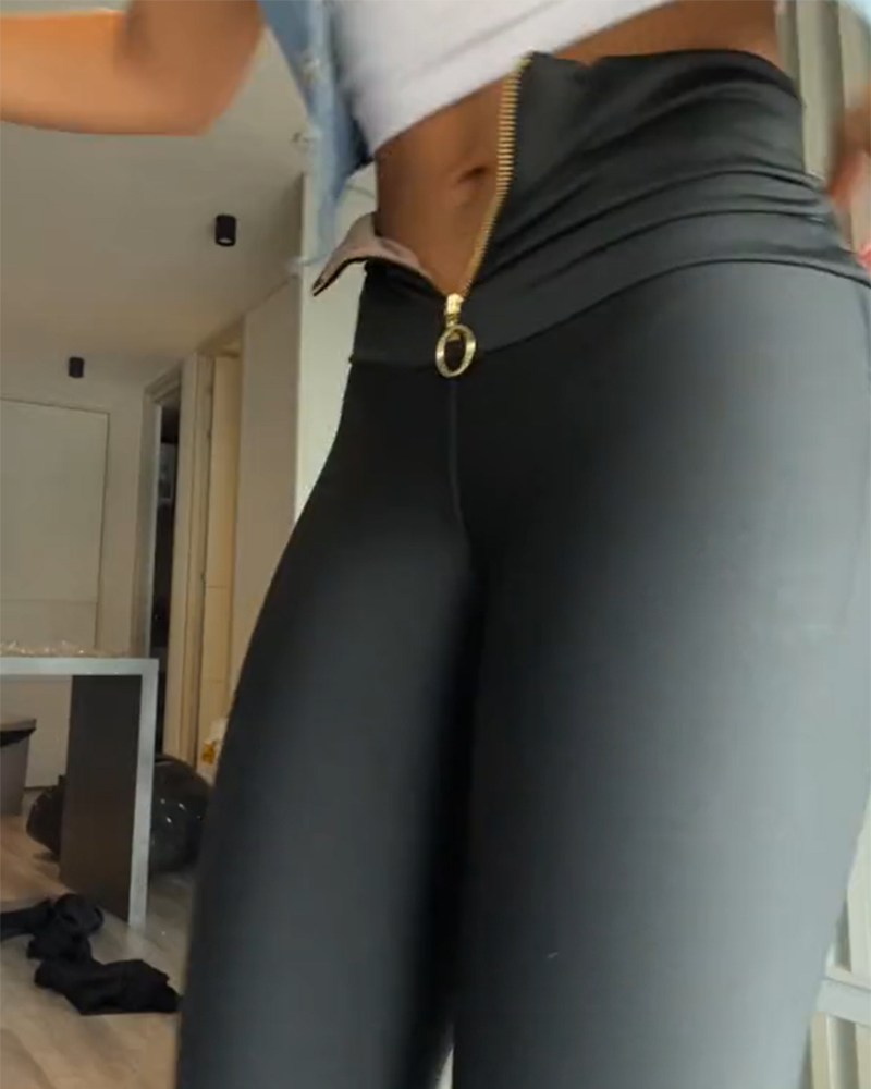 Black Slimming Tummy Control Zippered Butt Lift Leggings