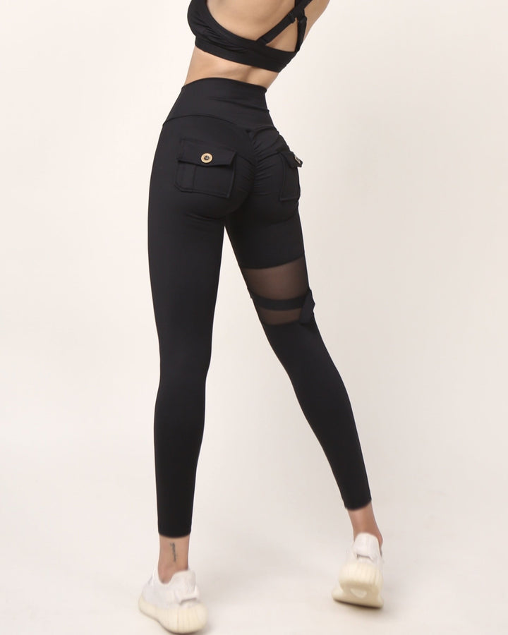 Distinctive Cut-Out Pocket Mesh Yoga Leggings with Scrunch Bum Design