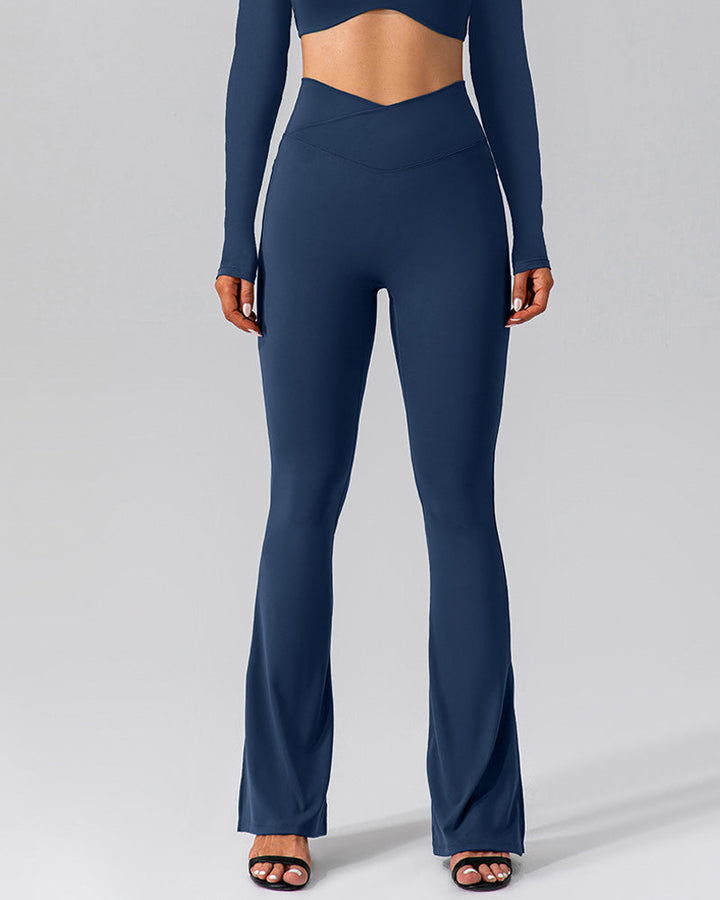 Flared Yoga Pants with High Waist and Side Pocket - Slit Cross Waist Leggings