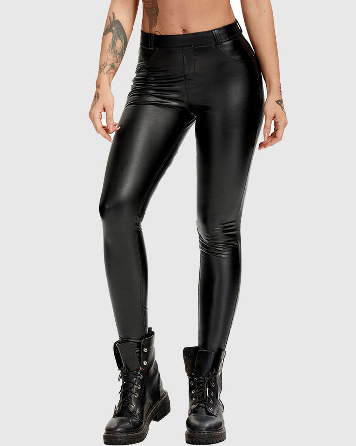 Peach High-Waisted PU Leather Leggings for Yoga and Fitness