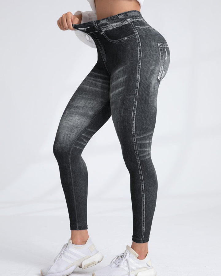 Women's High Elastic Quick-Dry Seamless Printed Yoga Pants - Imitation Denim Style