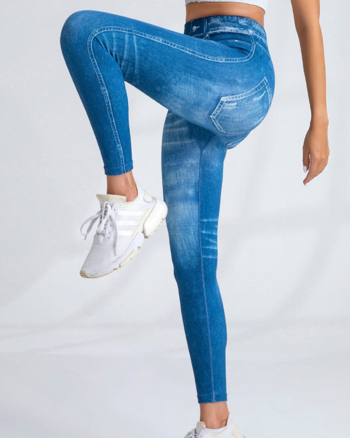 Women's High Elastic Quick-Dry Seamless Printed Yoga Pants - Imitation Denim Style