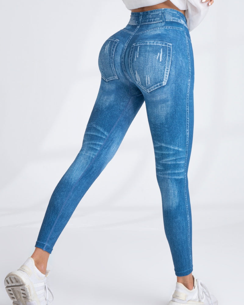Women's High Elastic Quick-Dry Seamless Printed Yoga Pants - Imitation Denim Style