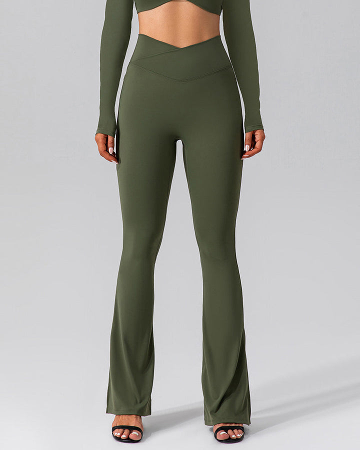Flared Yoga Pants with High Waist and Side Pocket - Slit Cross Waist Leggings