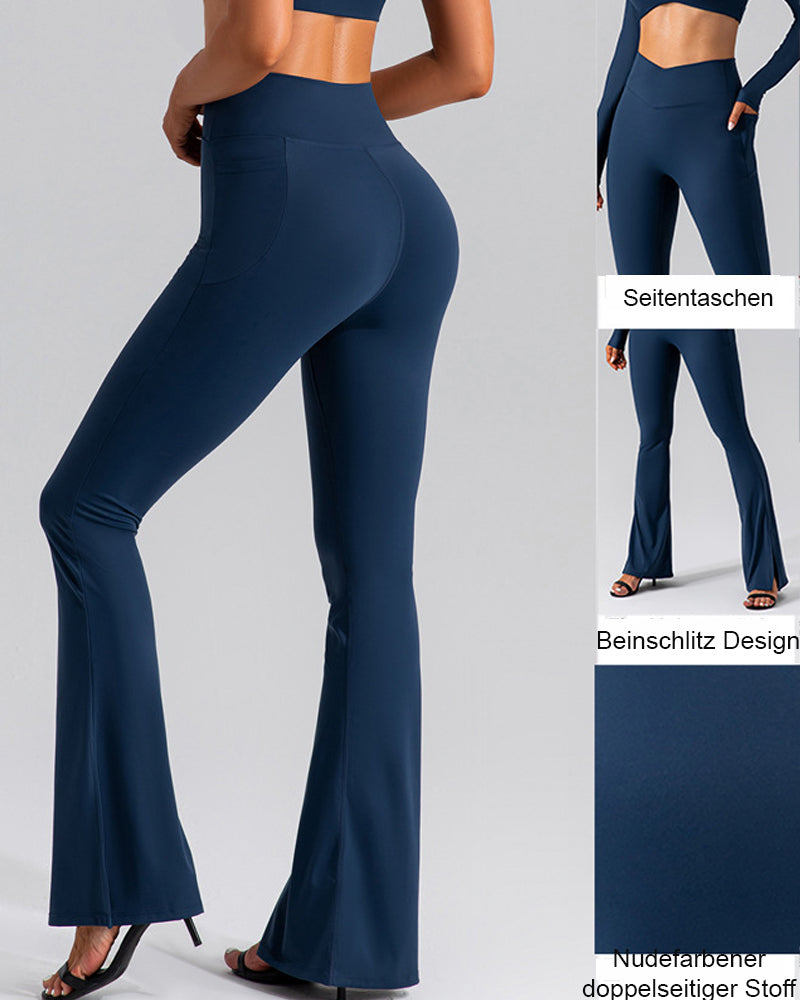 Flared Yoga Pants with High Waist and Side Pocket - Slit Cross Waist Leggings