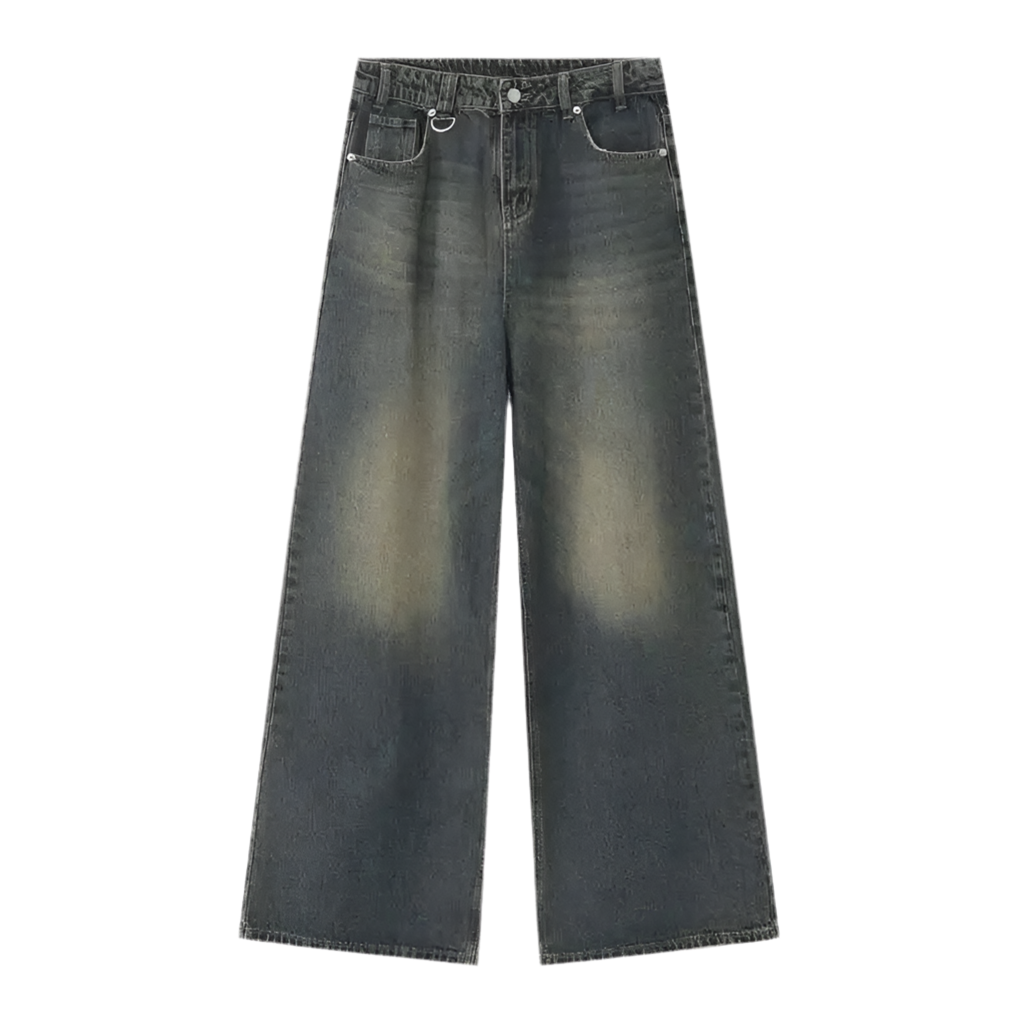 Gradient Washed Denim Pants with Metal Ring Design