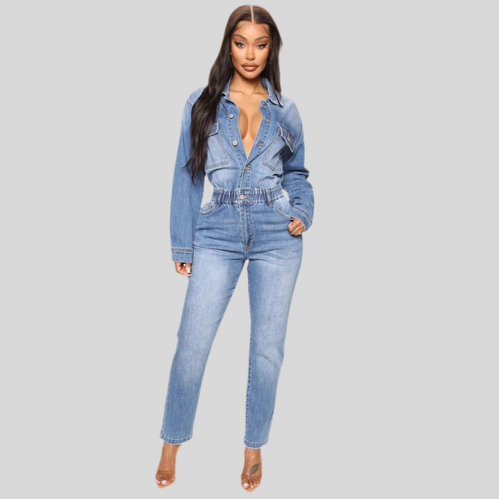 Oversized Collared Long Sleeve High Waist Slim Fit Denim Jumpsuit