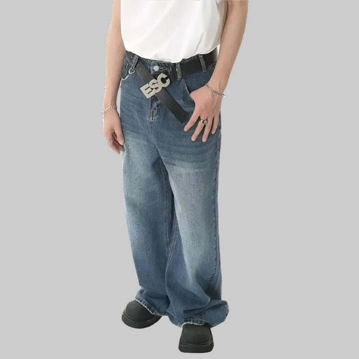 Gradient Washed Denim Pants with Metal Ring Design