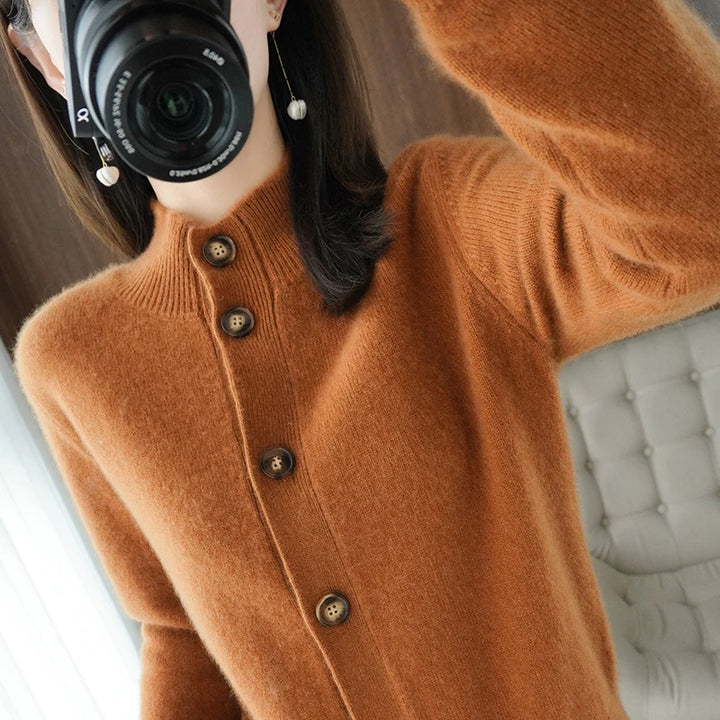 Cashmere 100% Wool Half High Neck Cardigan
