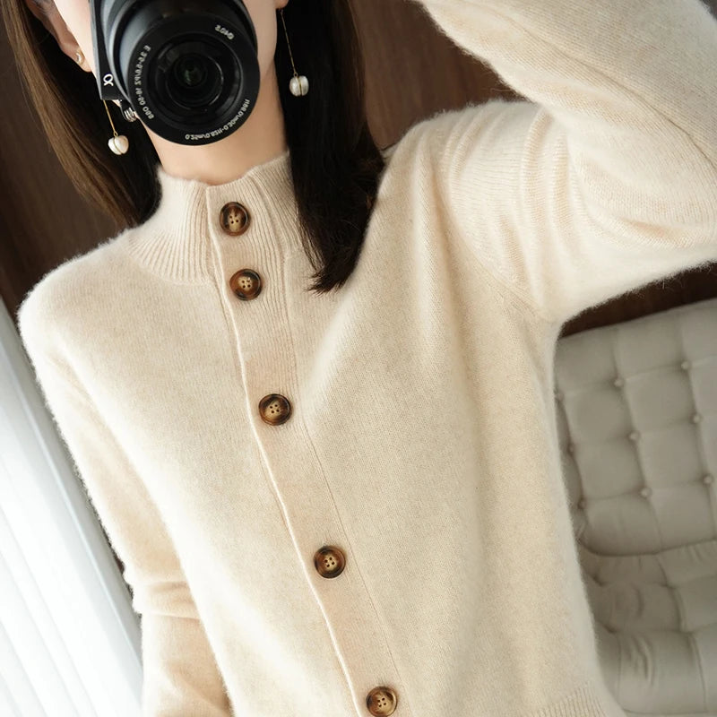 Cashmere 100% Wool Half High Neck Cardigan