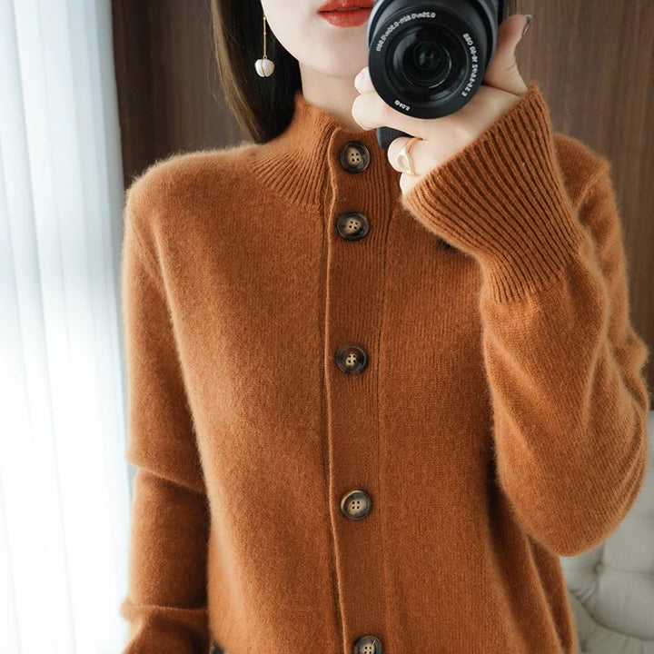 Cashmere 100% Wool Half High Neck Cardigan