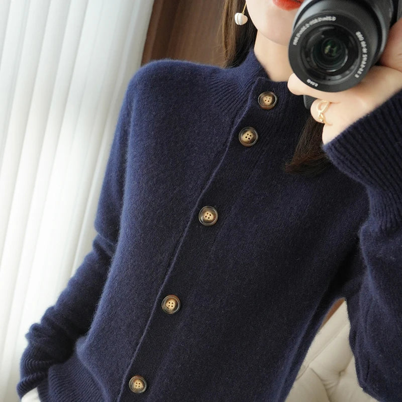Cashmere 100% Wool Half High Neck Cardigan