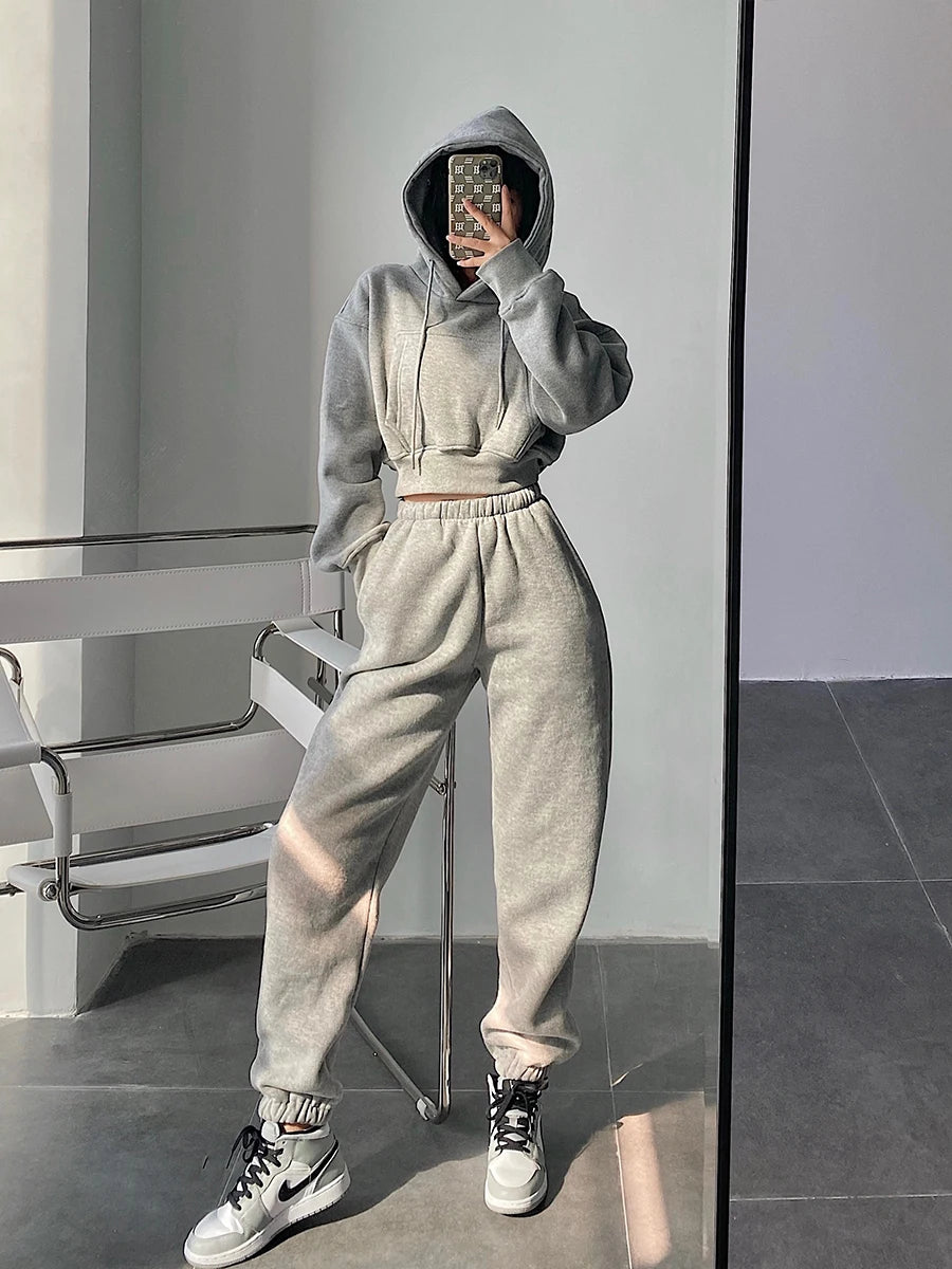Solid Fleece Two Piece Jogger Pant Set