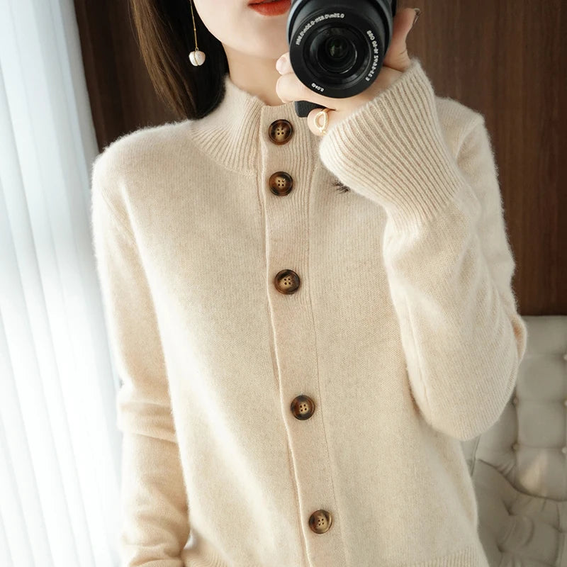 Cashmere 100% Wool Half High Neck Cardigan