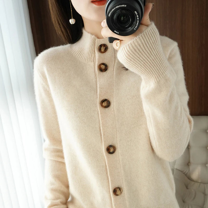 Cashmere 100% Wool Half High Neck Cardigan
