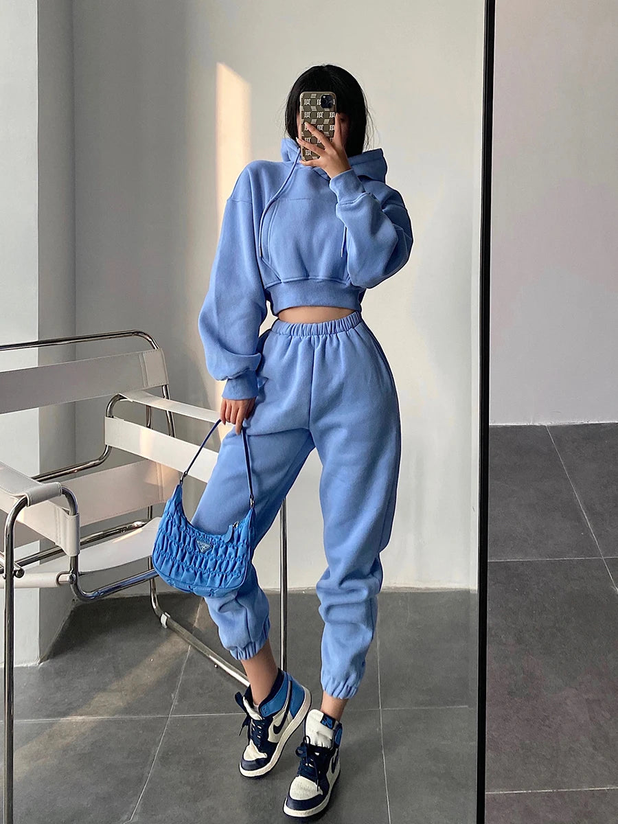 Solid Fleece Two Piece Jogger Pant Set