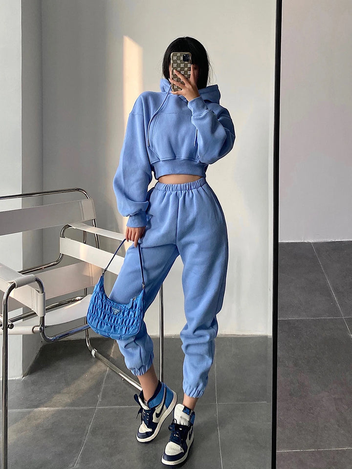 Solid Fleece Two Piece Jogger Pant Set