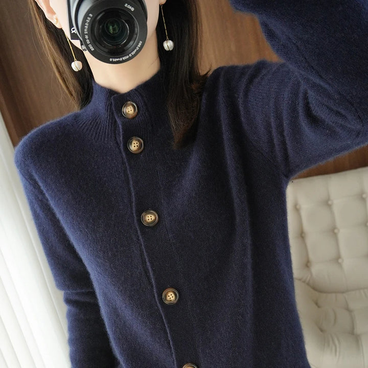 Cashmere 100% Wool Half High Neck Cardigan